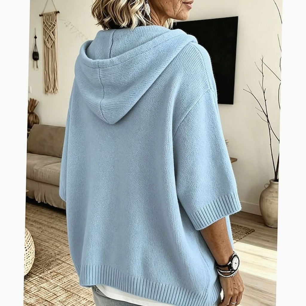 Women's Relaxed Hooded Knit Sweater 3/4 Sleeve Button-Front