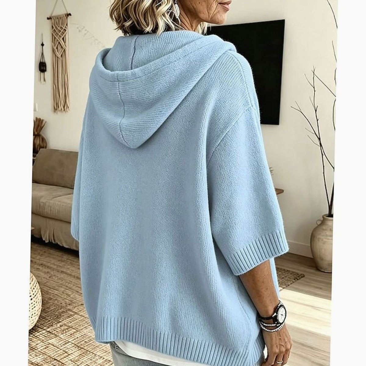 Women's Relaxed Hooded Knit Sweater 3/4 Sleeve Button-Front