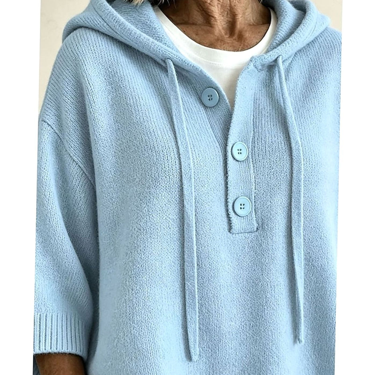Women's Relaxed Hooded Knit Sweater 3/4 Sleeve Button-Front