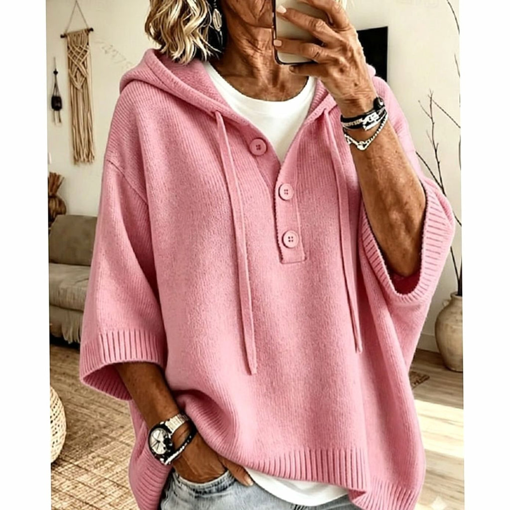 Women's Relaxed Hooded Knit Sweater 3/4 Sleeve Button-Front - Pink