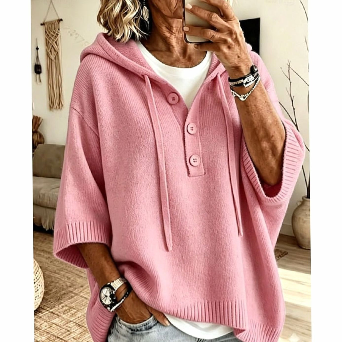 Women's Relaxed Hooded Knit Sweater 3/4 Sleeve Button-Front - Pink