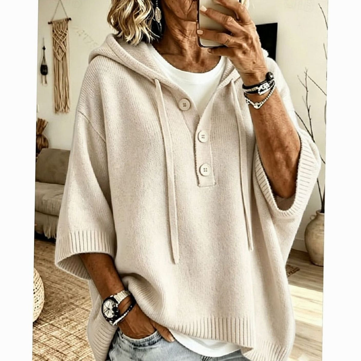 Women's Relaxed Hooded Knit Sweater 3/4 Sleeve Button-Front - Off White