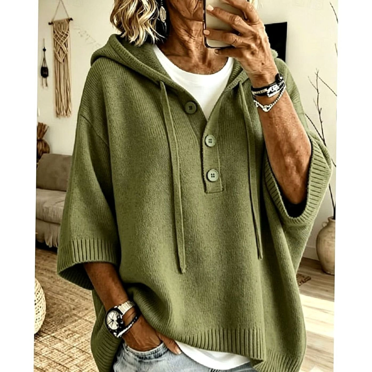 Women's Relaxed Hooded Knit Sweater 3/4 Sleeve Button-Front - Military Green
