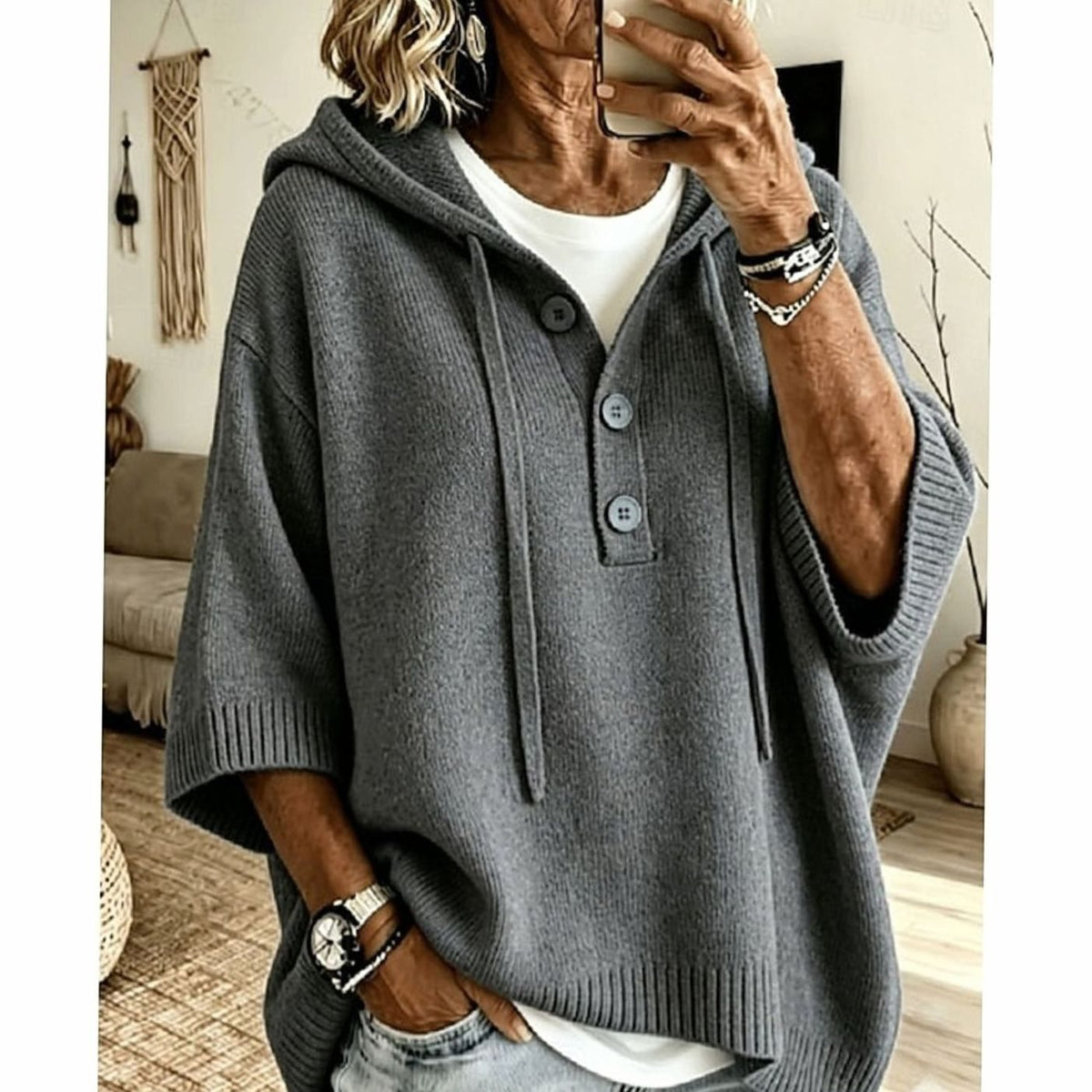 Women's Relaxed Hooded Knit Sweater 3/4 Sleeve Button-Front - Grey