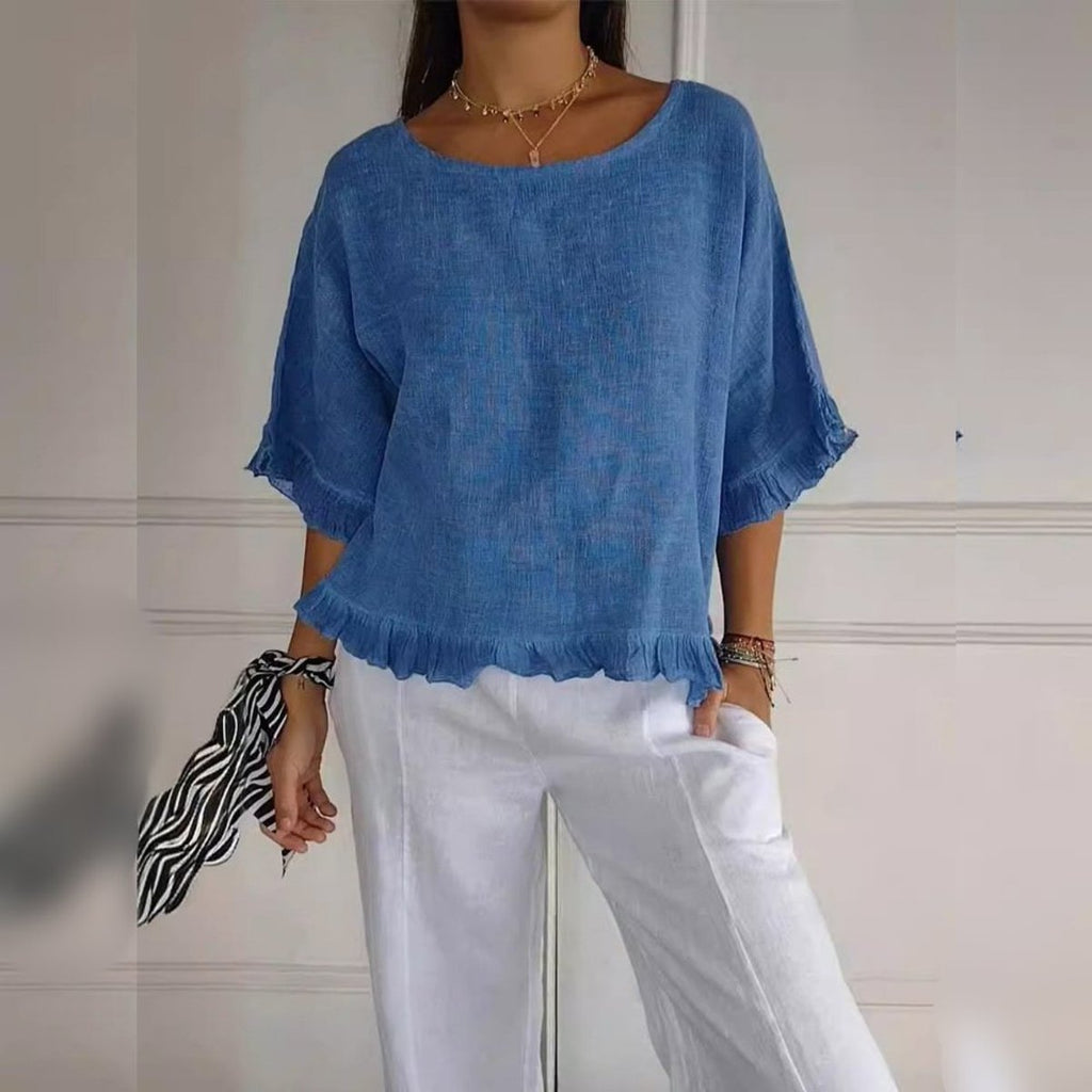 Women's Relaxed Linen Frayed-Hem Three-Quarter Sleeve Blouse