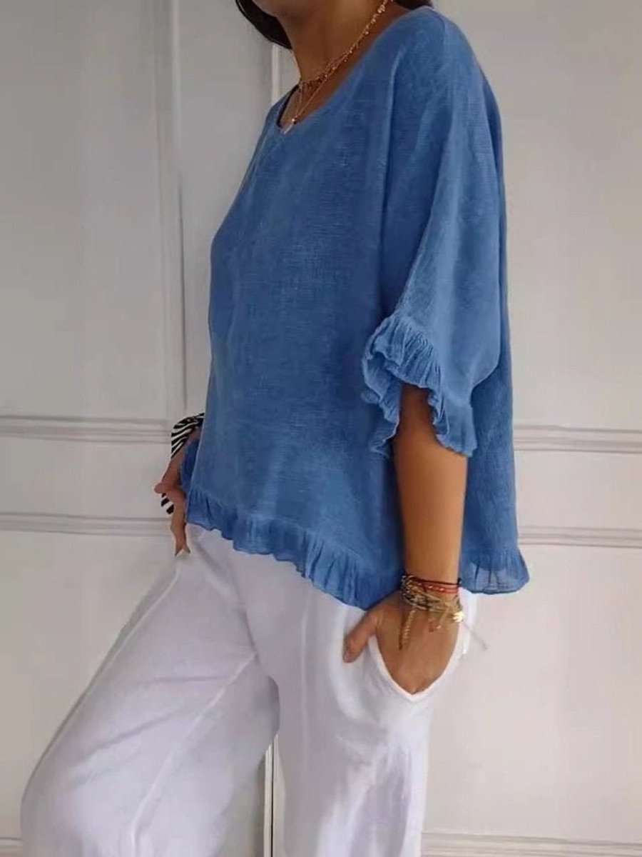 Women's Relaxed Linen Frayed-Hem Three-Quarter Sleeve Blouse