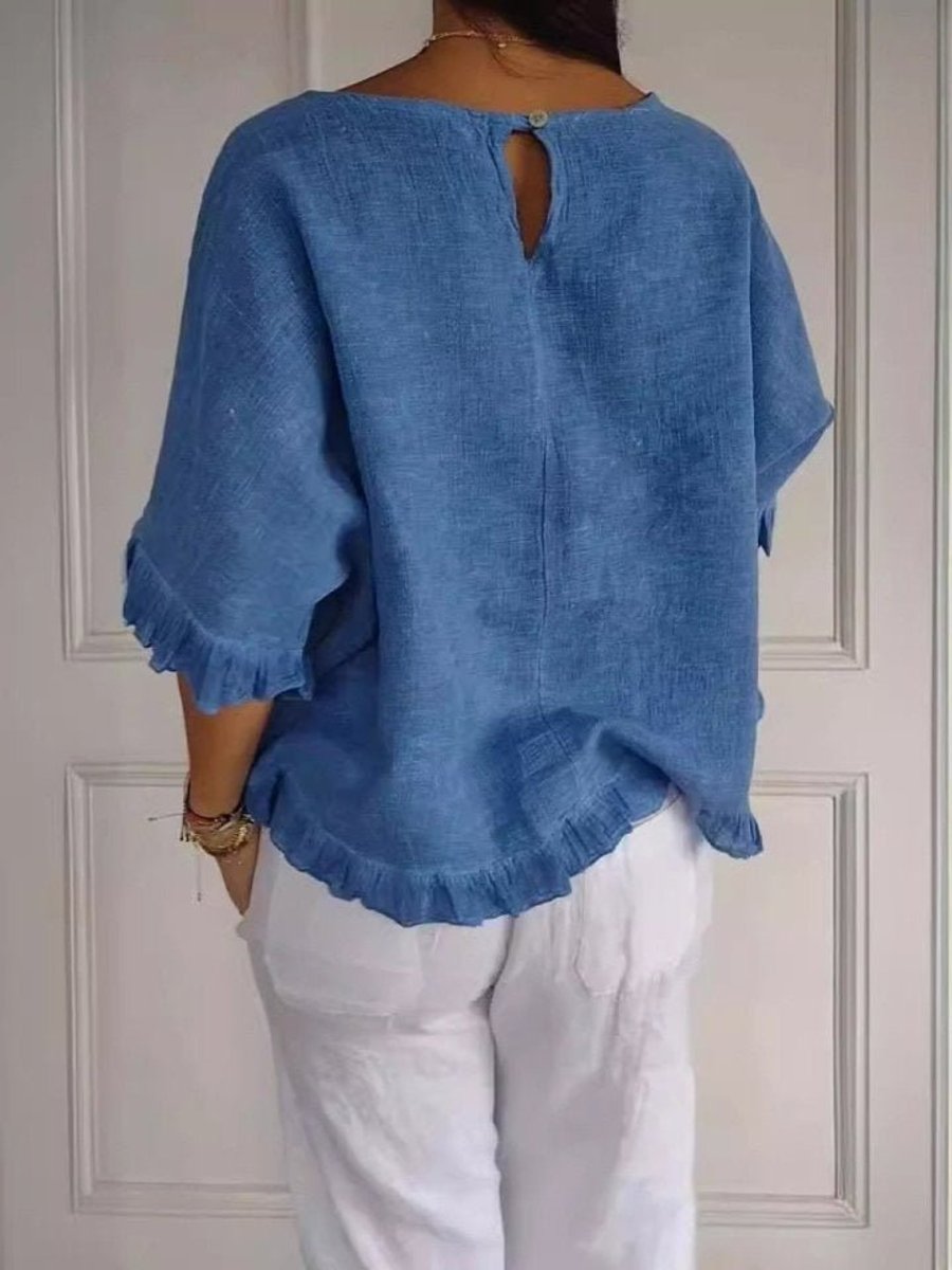 Women's Relaxed Linen Frayed-Hem Three-Quarter Sleeve Blouse