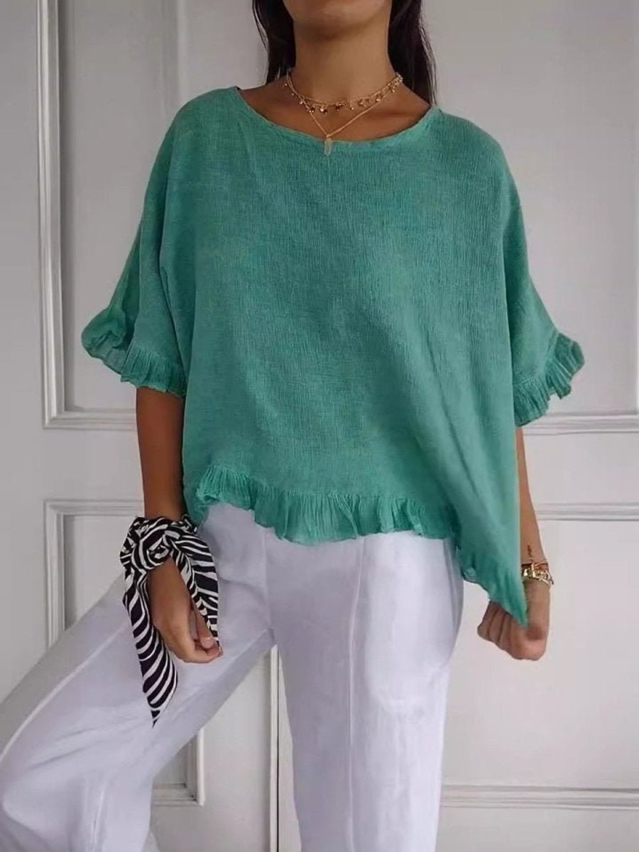 Women's Relaxed Linen Frayed-Hem Three-Quarter Sleeve Blouse - Green