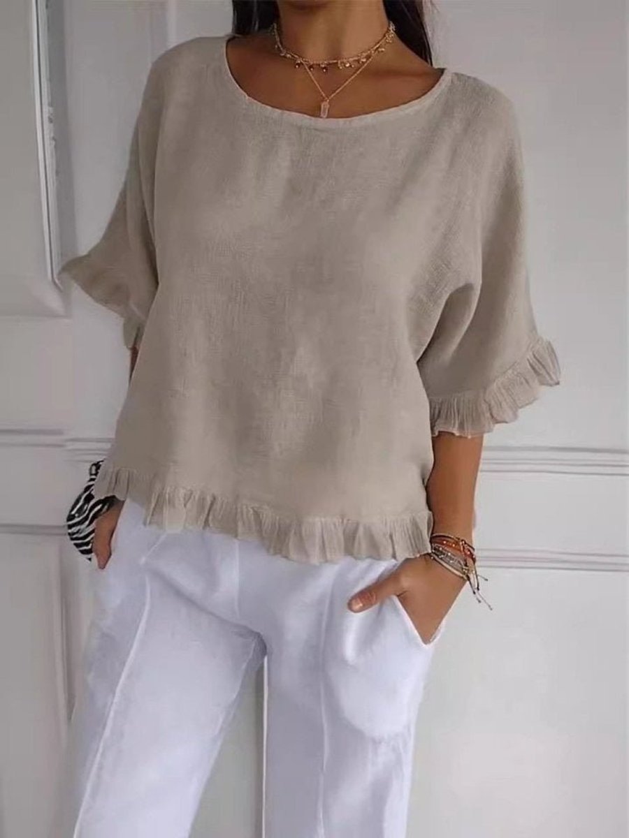 Women's Relaxed Linen Frayed-Hem Three-Quarter Sleeve Blouse - Beige