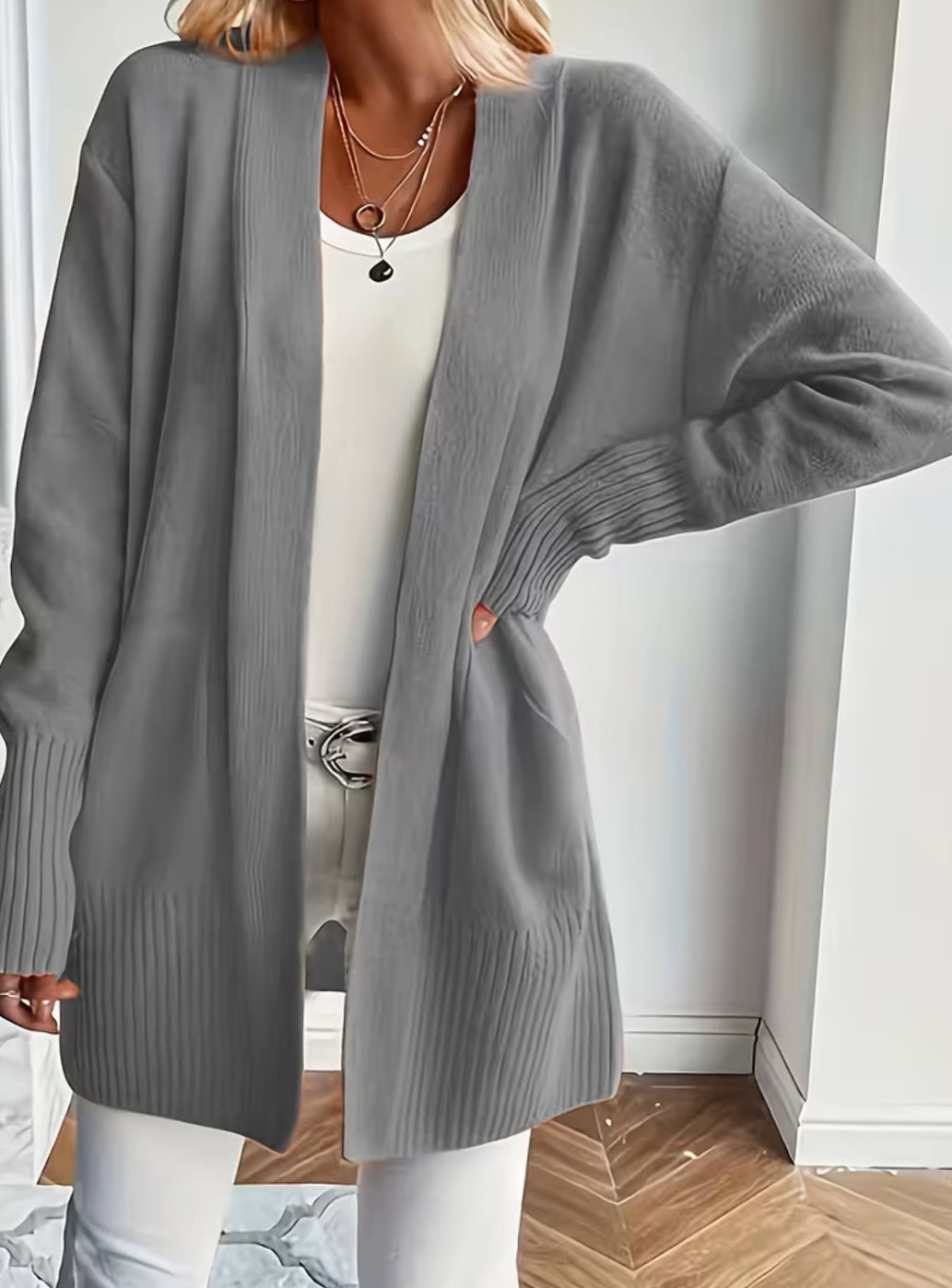Women's Relaxed Open-Front Knit Cardigan - Gray
