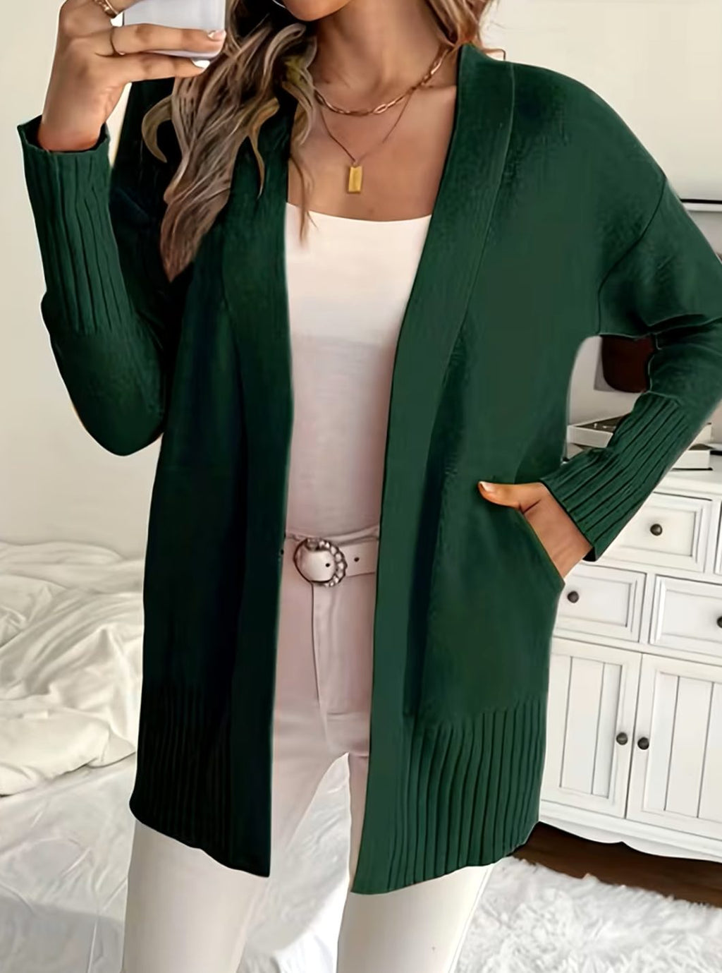 Women's Relaxed Open-Front Knit Cardigan - Dark Green