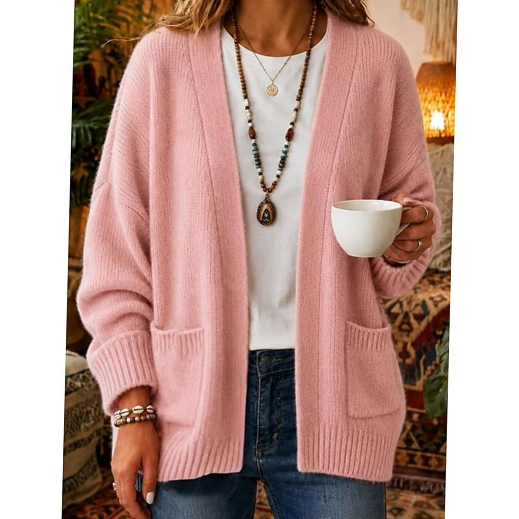 Women's Relaxed Open-Front Knit Cardigan Sweater with Pockets - Pink