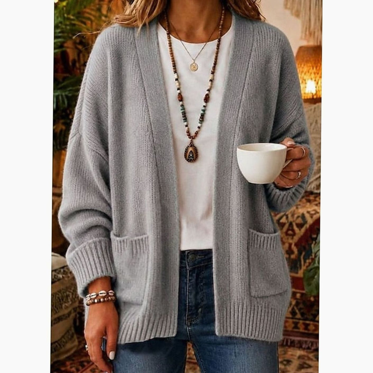 Women's Relaxed Open-Front Knit Cardigan Sweater with Pockets - Gray