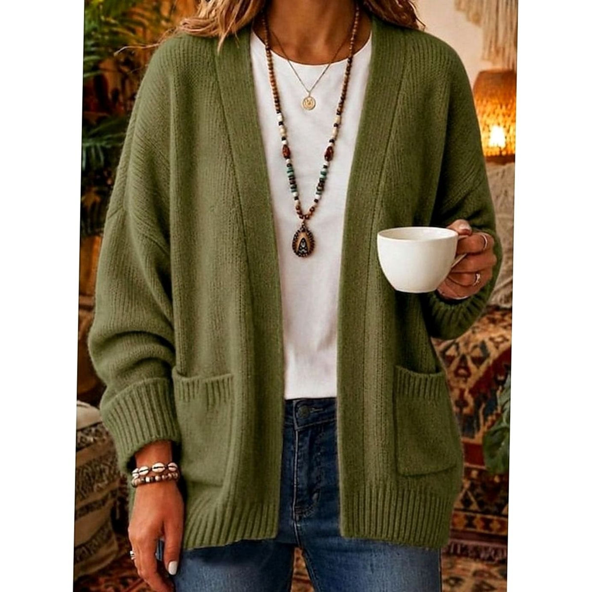 Women's Relaxed Open-Front Knit Cardigan Sweater with Pockets - Green