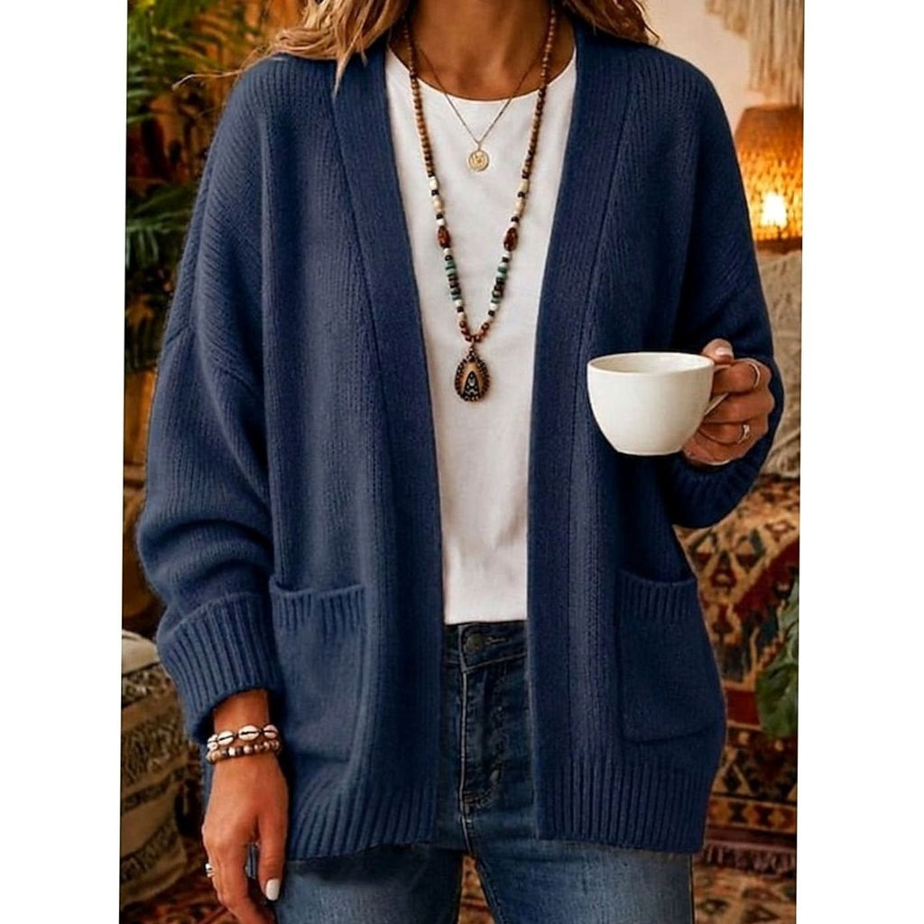 Women's Relaxed Open-Front Knit Cardigan Sweater with Pockets - Blue