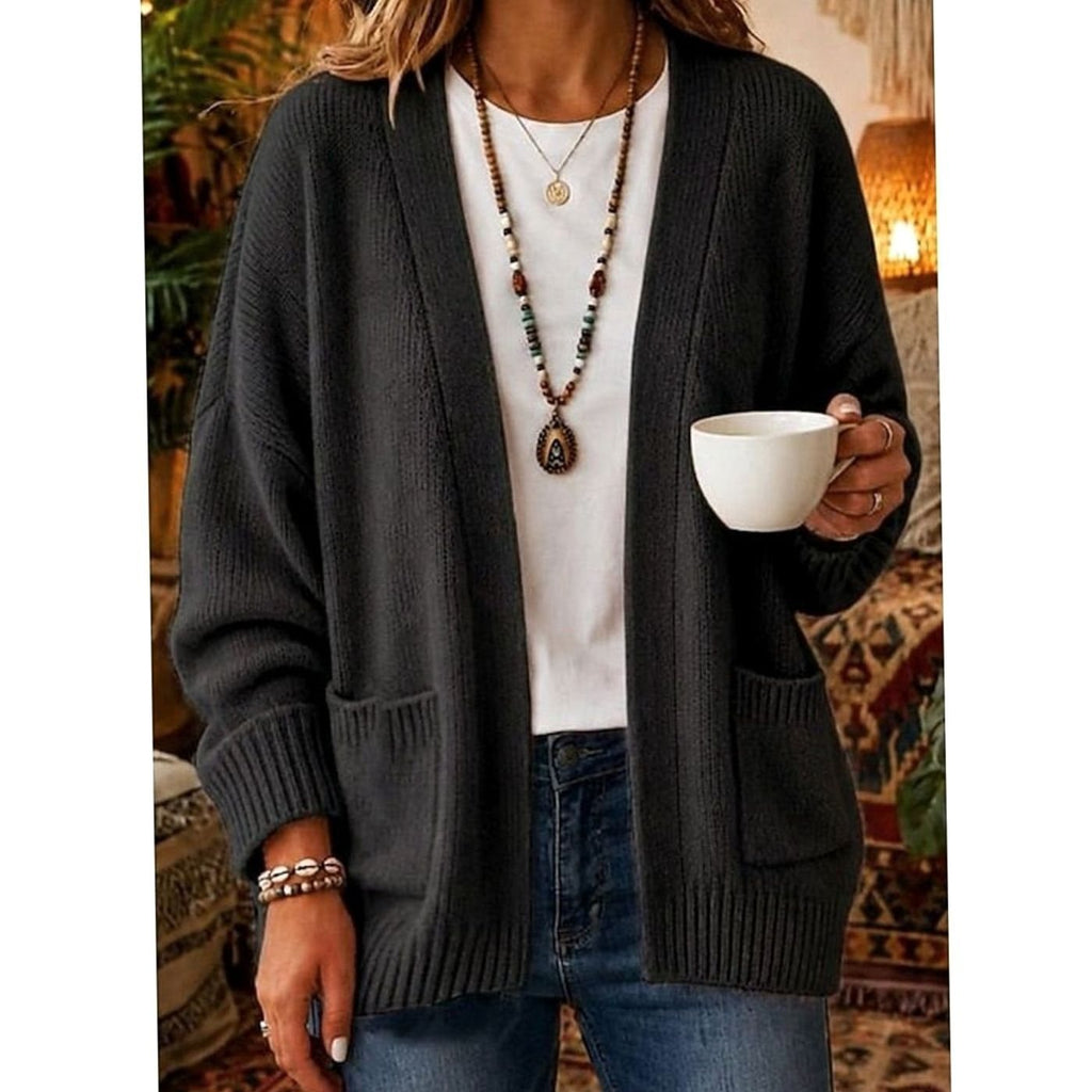Women's Relaxed Open-Front Knit Cardigan Sweater with Pockets - Black