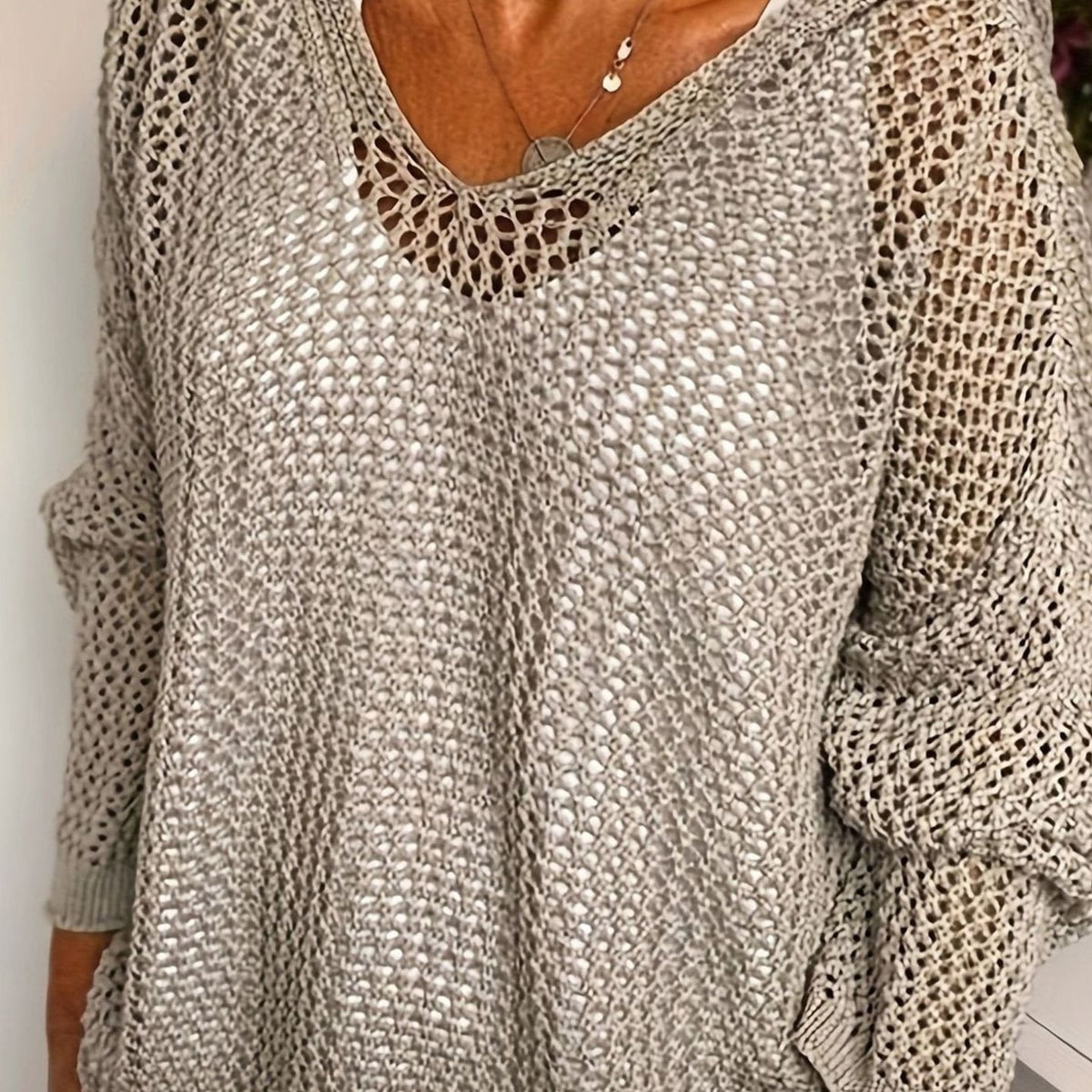 Women's Relaxed Open-Knit Hooded Sweater - Gray