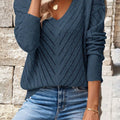 Women's Relaxed V-Neck Pointelle Knit Long Sleeve Sweater - Navy