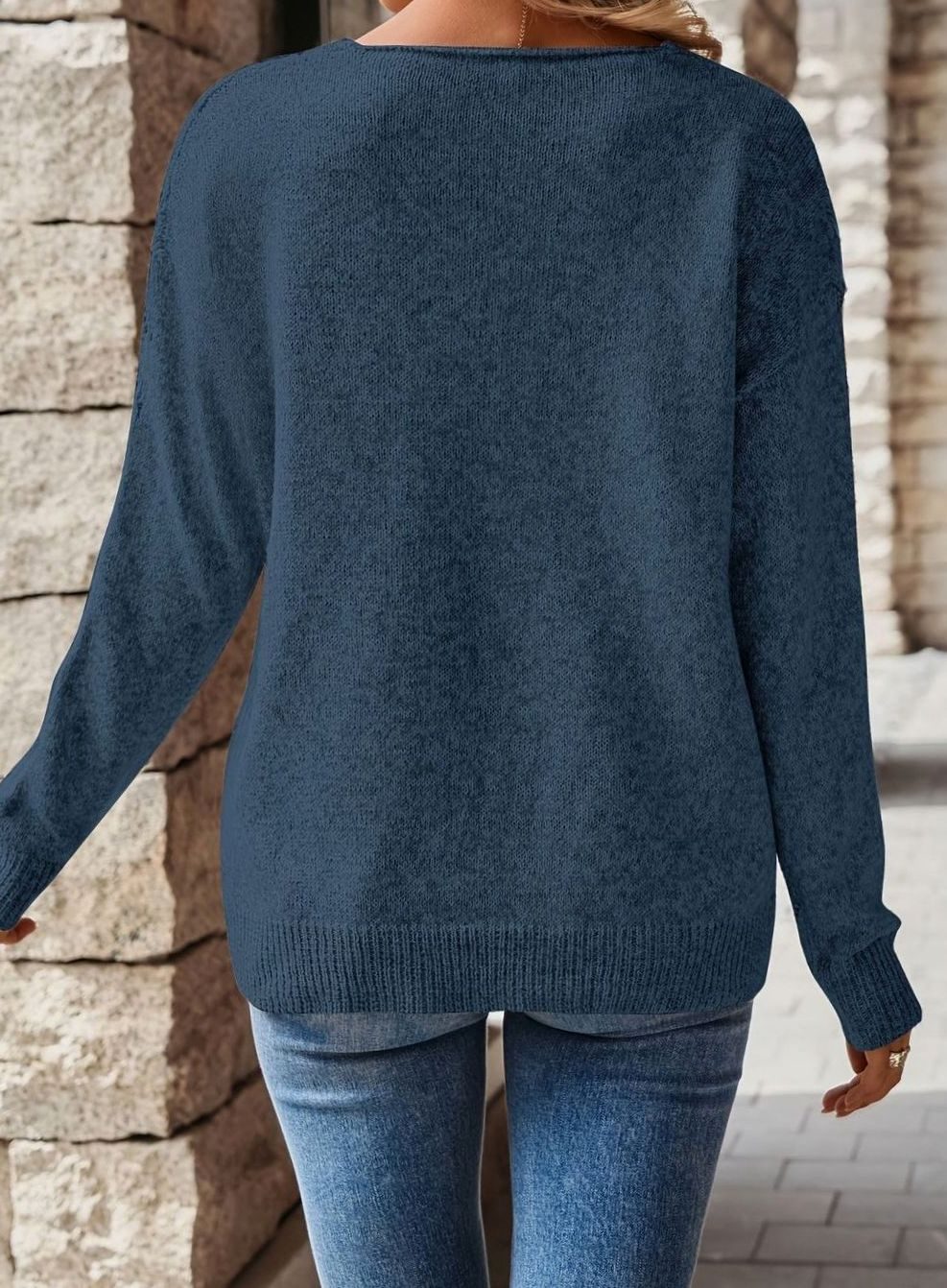 Women's Relaxed V-Neck Pointelle Knit Long Sleeve Sweater