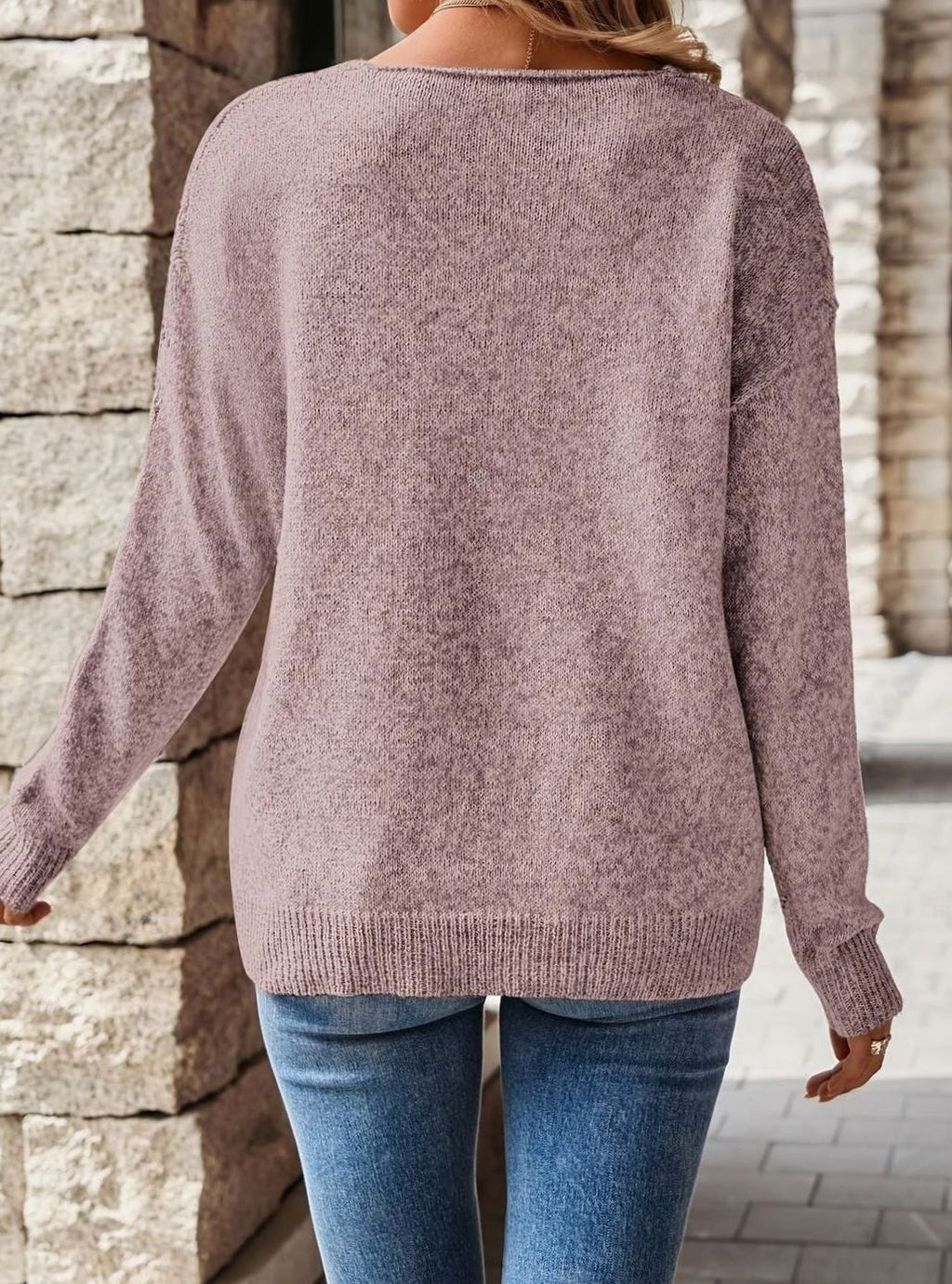 Women's Relaxed V-Neck Pointelle Knit Long Sleeve Sweater