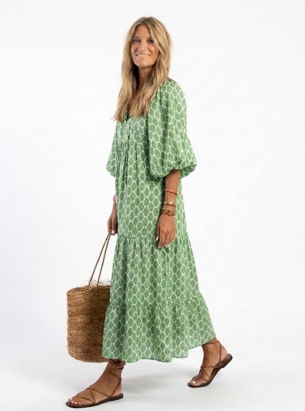 Women's Relaxed V-Neck Three-Quarter Sleeve Tiered Midi Dress