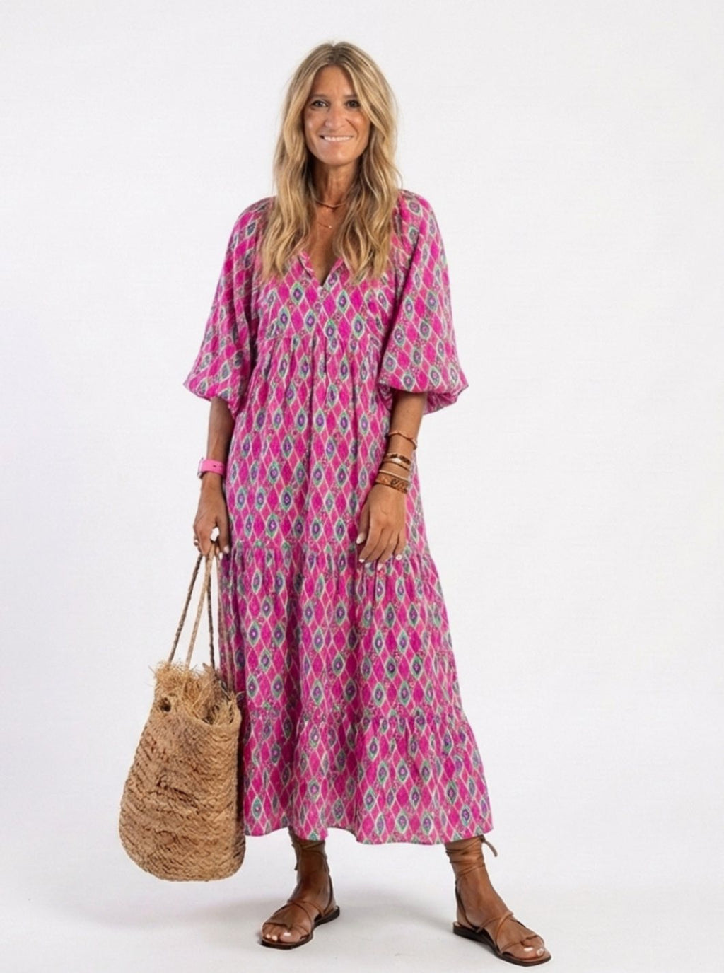 Women's Relaxed V-Neck Three-Quarter Sleeve Tiered Midi Dress - Purple