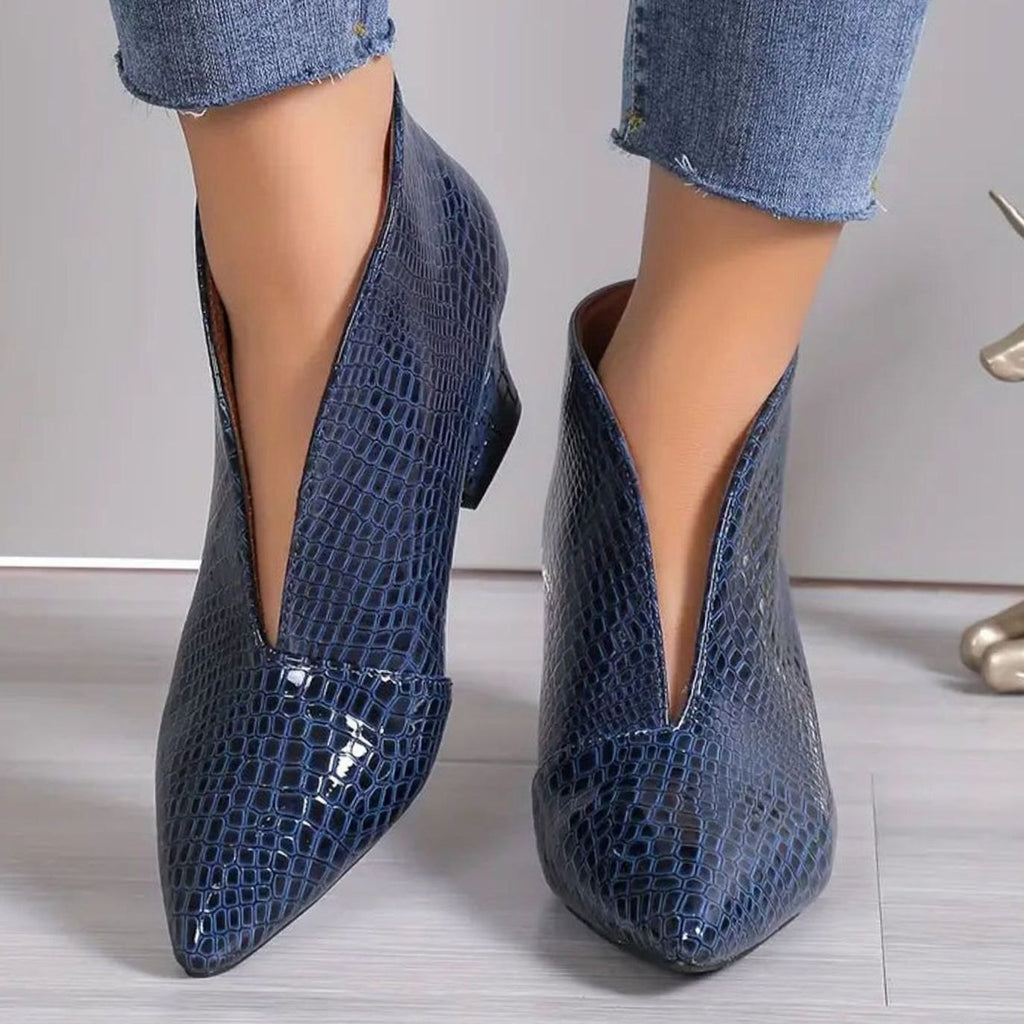 Women's Reptile-Textured V-Cut Pointed-Toe Block-Heel Ankle Boots