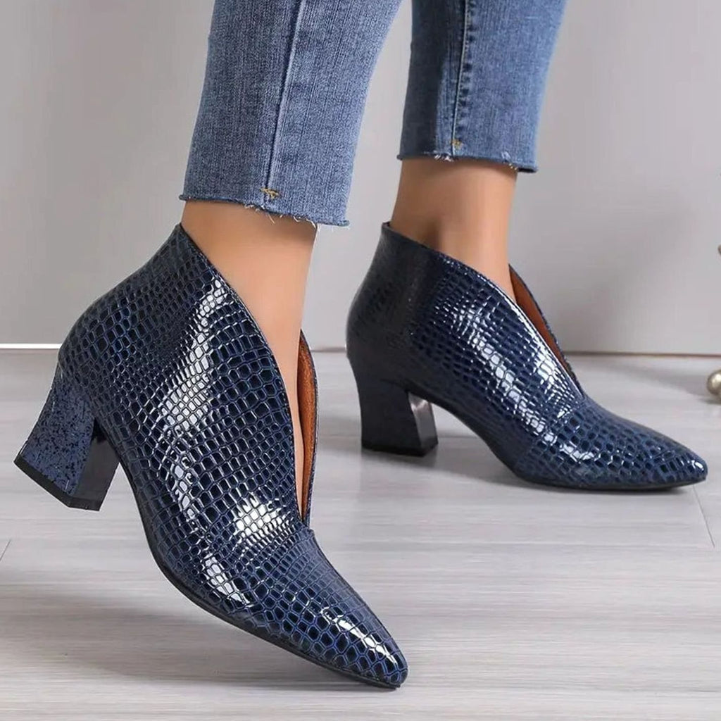 Women's Reptile-Textured V-Cut Pointed-Toe Block-Heel Ankle Boots - Royal Blue