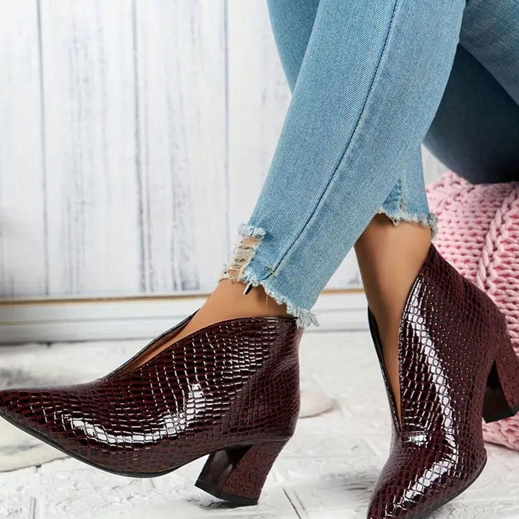 Women's Reptile-Textured V-Cut Pointed-Toe Block-Heel Ankle Boots