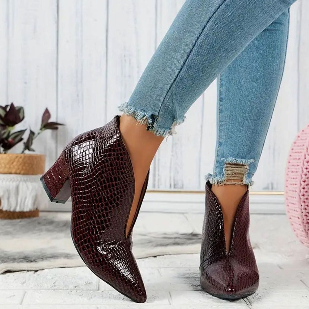 Women's Reptile-Textured V-Cut Pointed-Toe Block-Heel Ankle Boots - Burgundy