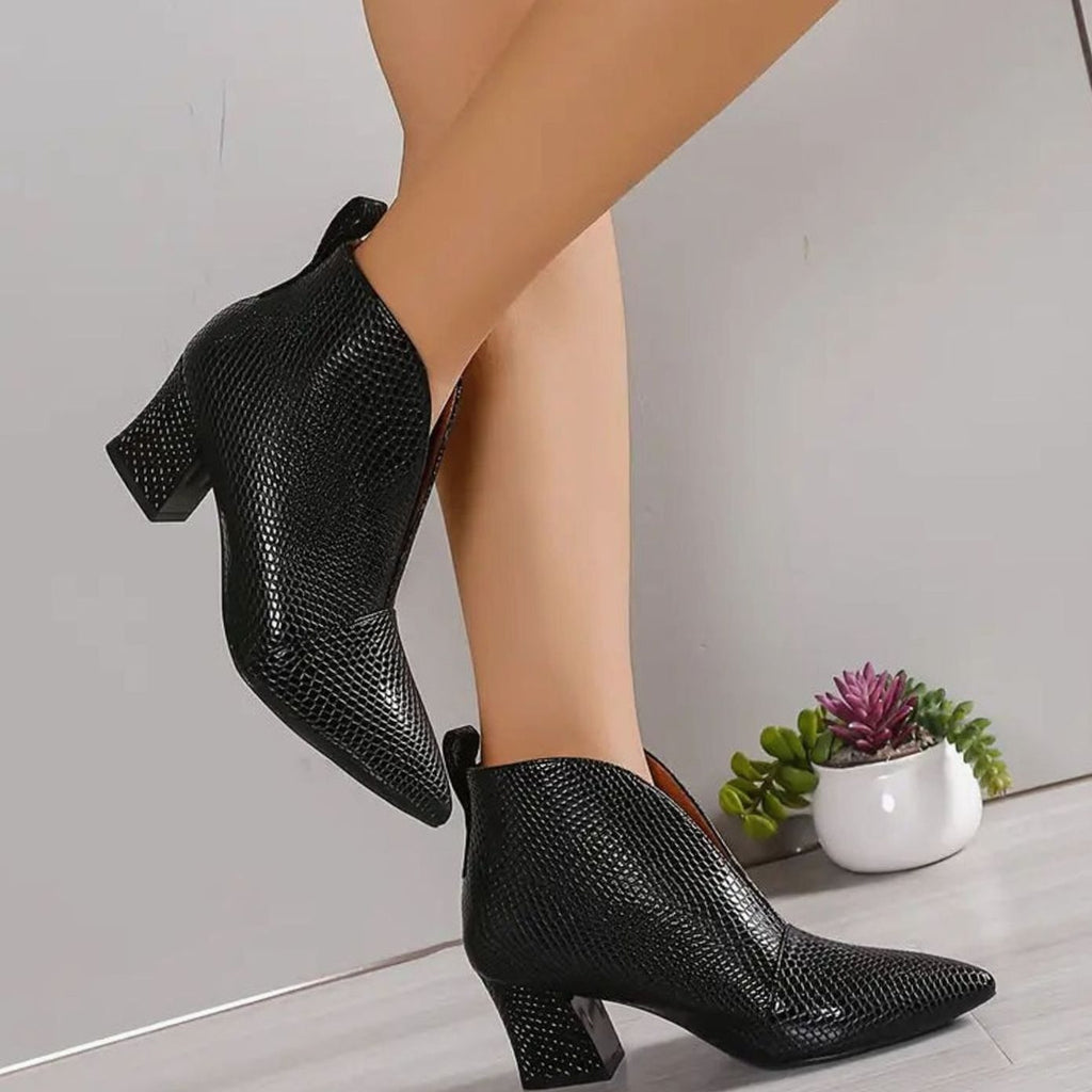 Women's Reptile-Textured V-Cut Pointed-Toe Block-Heel Ankle Boots