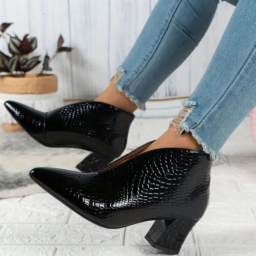 Women's Reptile-Textured V-Cut Pointed-Toe Block-Heel Ankle Boots
