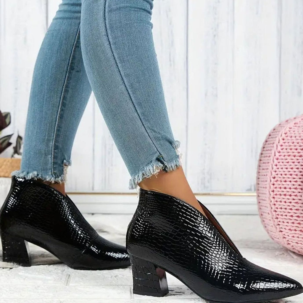 Women's Reptile-Textured V-Cut Pointed-Toe Block-Heel Ankle Boots - Black