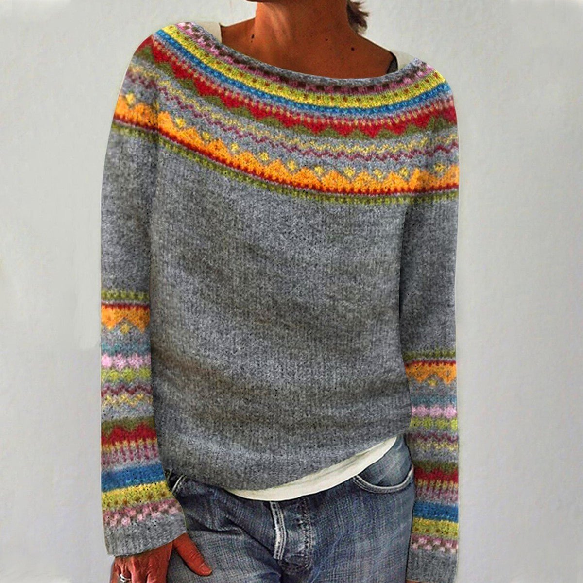 Women's Retro Striped Knit Pullover Sweater Boho Long Sleeve