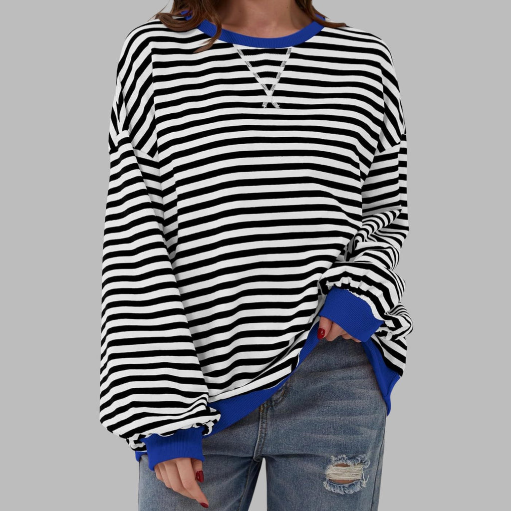 Women's Retro Striped Oversized Crewneck Sweatshirt - Black