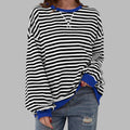 Women's Retro Striped Oversized Crewneck Sweatshirt - Black