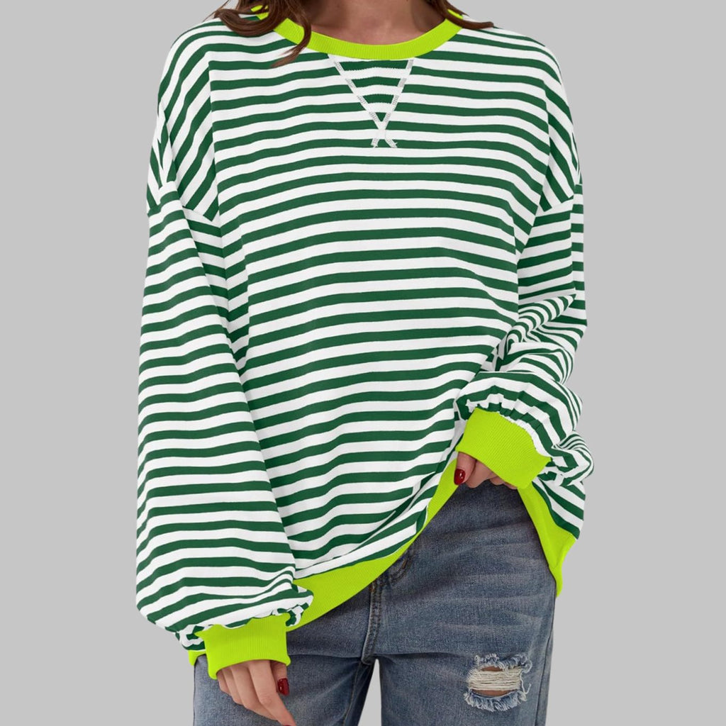 Women's Retro Striped Oversized Crewneck Sweatshirt - Dark Green