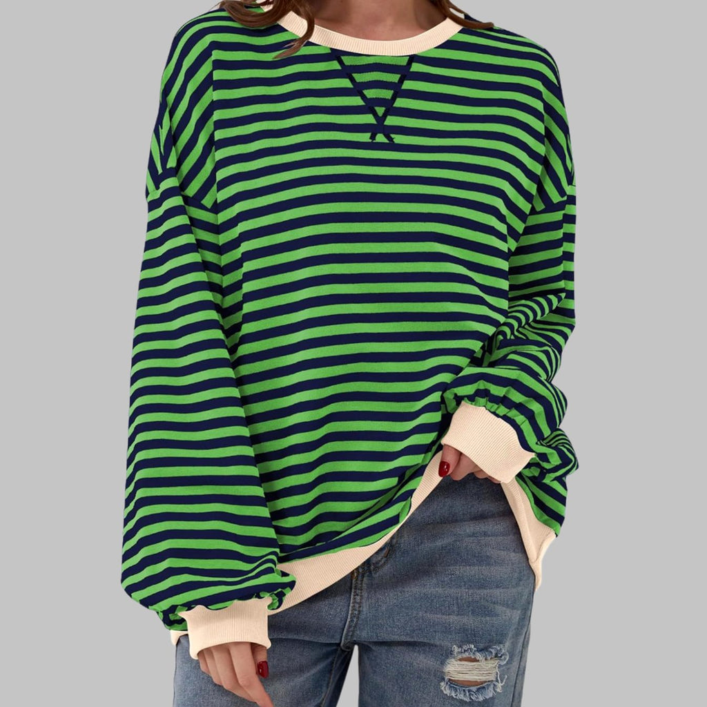 Women's Retro Striped Oversized Crewneck Sweatshirt - Green