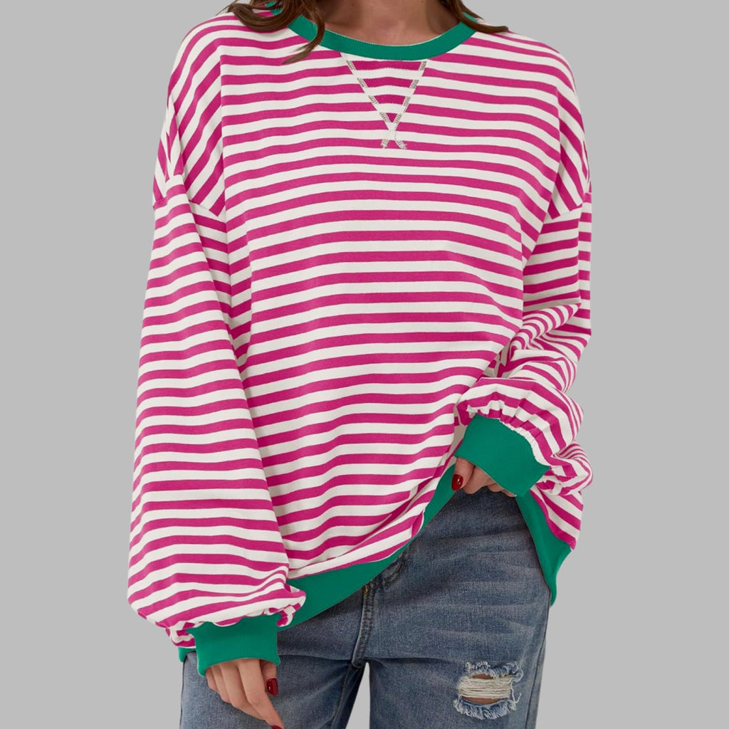 Women's Retro Striped Oversized Crewneck Sweatshirt - Hot Pink