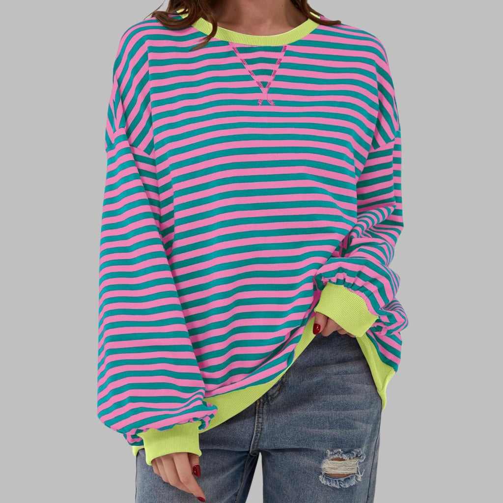 Women's Retro Striped Oversized Crewneck Sweatshirt - Pink