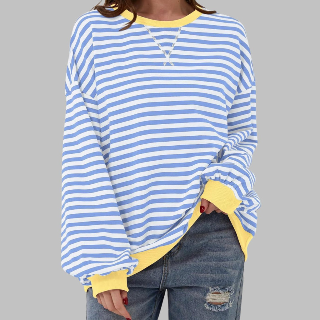 Women's Retro Striped Oversized Crewneck Sweatshirt - Sky Blue