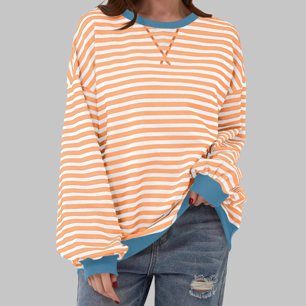 Women's Retro Striped Oversized Crewneck Sweatshirt - Orange