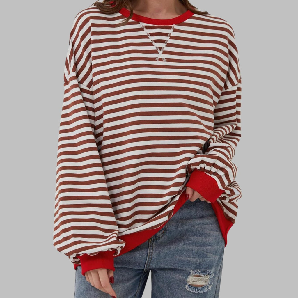 Women's Retro Striped Oversized Crewneck Sweatshirt - Red