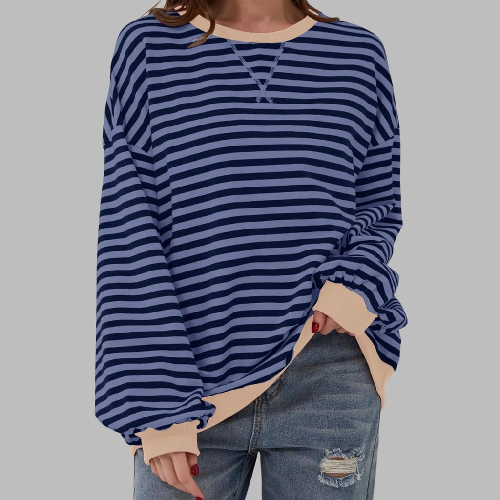 Women's Retro Striped Oversized Crewneck Sweatshirt - Blue