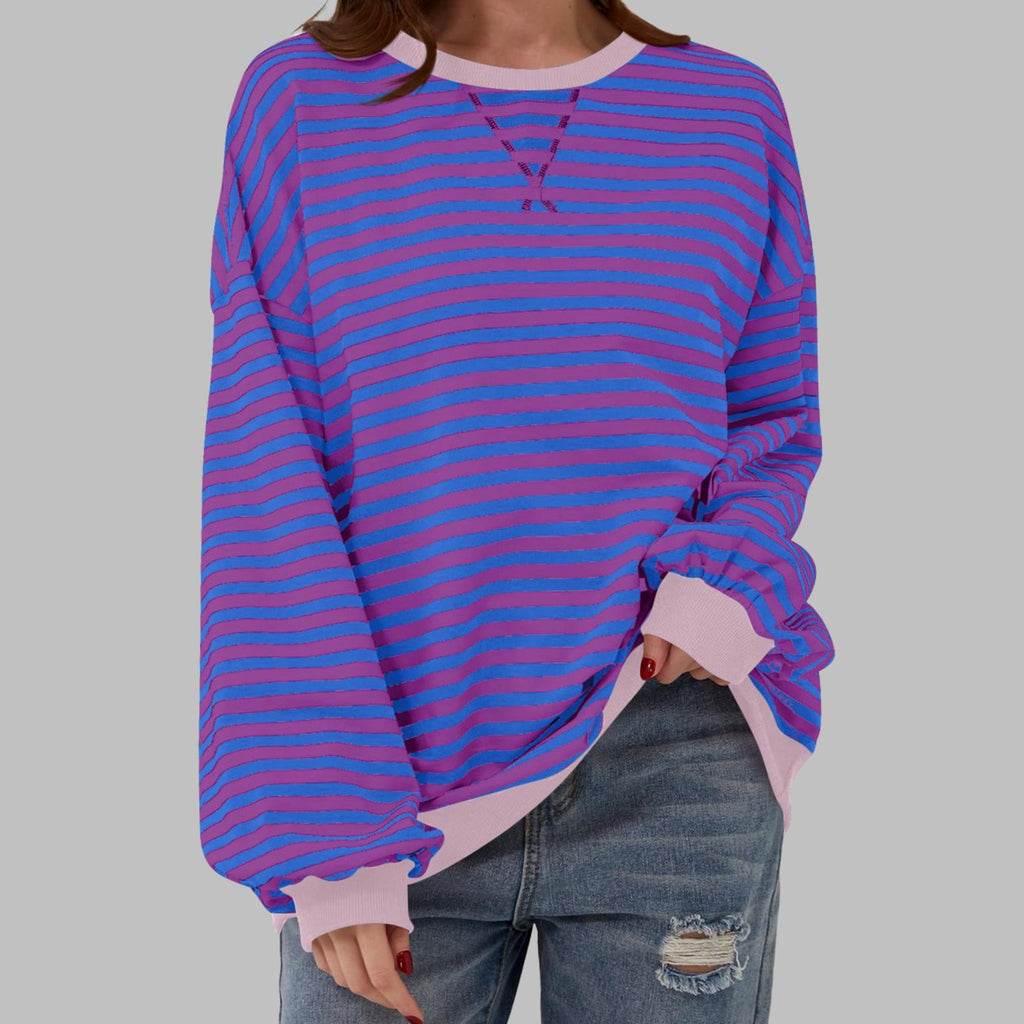 Women's Retro Striped Oversized Crewneck Sweatshirt - Purple