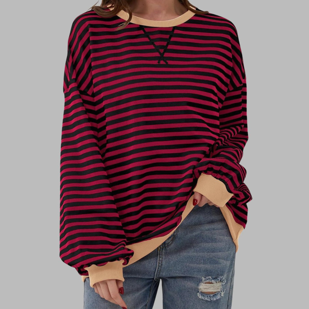 Women's Retro Striped Oversized Crewneck Sweatshirt - Burgundy