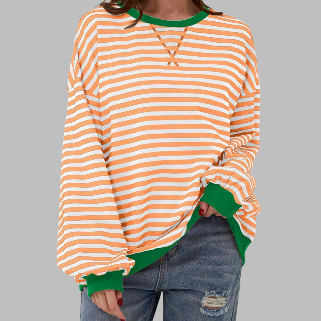 Women's Retro Striped Oversized Crewneck Sweatshirt - Light Orange