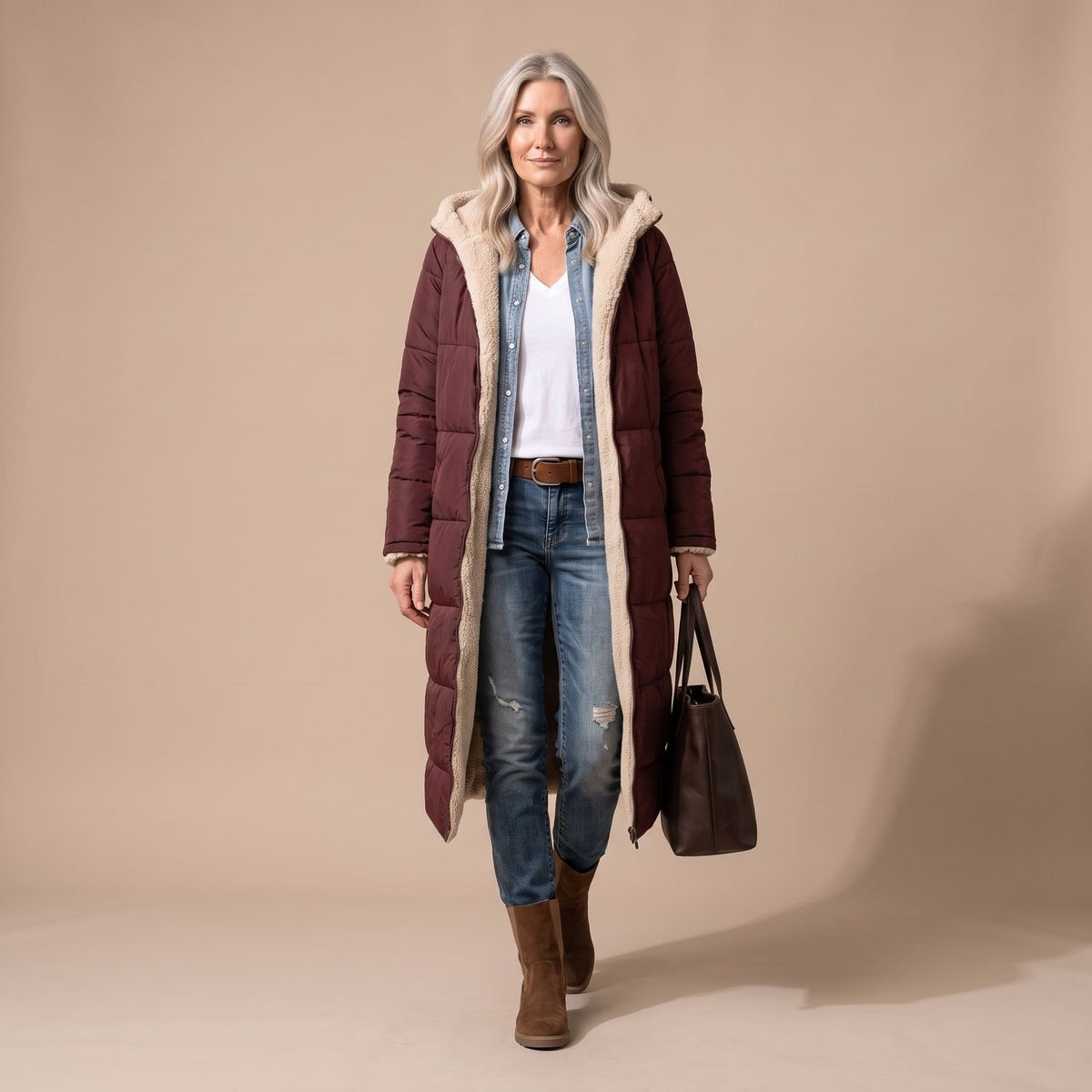 Women's Reversible Long Wool Coat Streamlined Elegant Silhouette