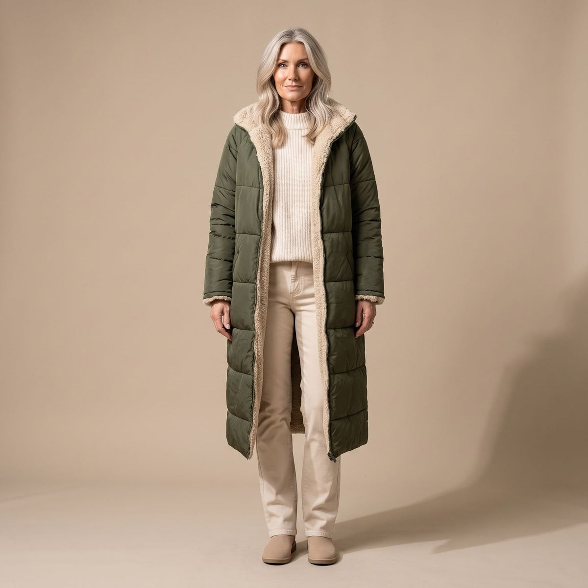 Women's Reversible Long Wool Coat Streamlined Elegant Silhouette - Green