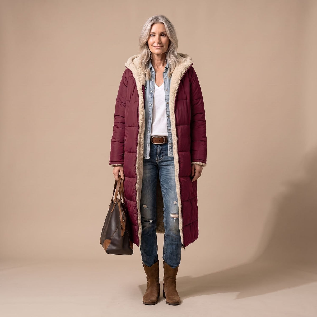 Women's Reversible Long Wool Coat Streamlined Elegant Silhouette